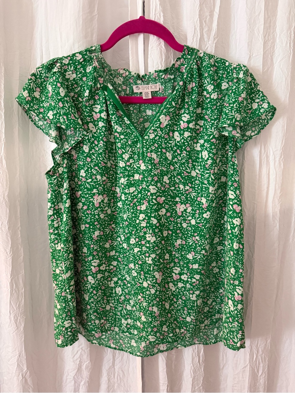 Eliane Rose Floral Flutter Sleeve Blouse Medium Green Pink Cottagecore Top NWOT